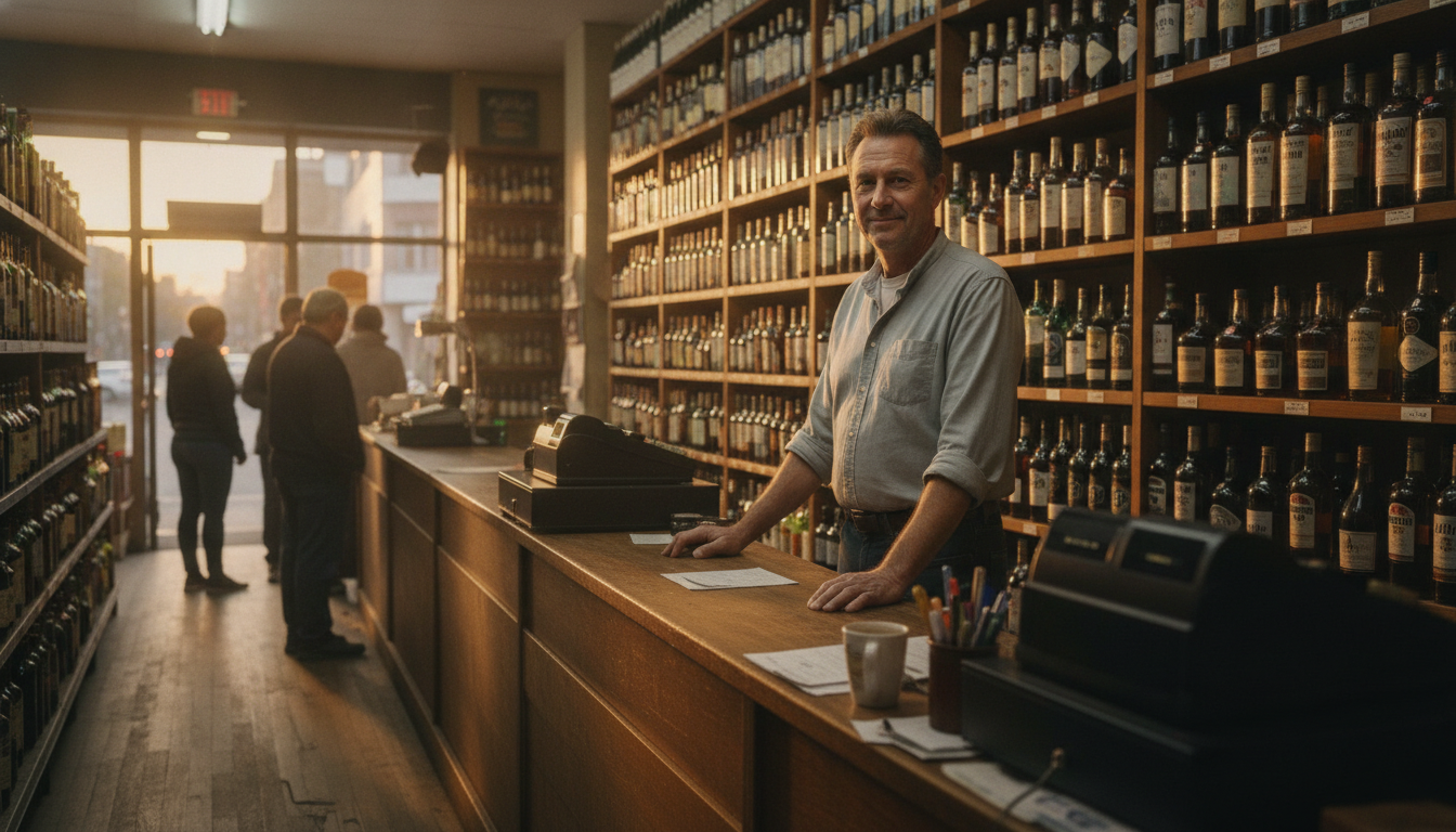 A liquor store owner behind a counter with a register and stocked shelves behind him