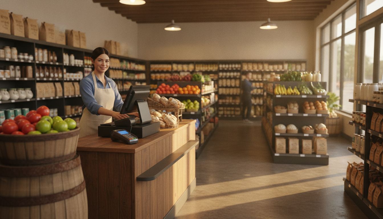 A grocery store owner weighing produce at a checkout counter beside a scale and register