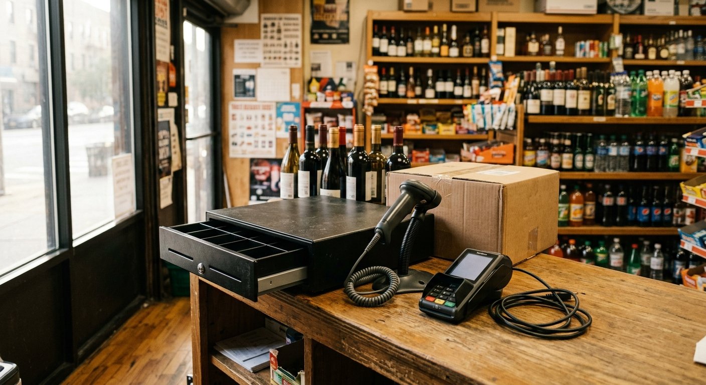 A metal cash drawer, barcode scanner, and unplugged payment terminal sit beside a shipping box on a store counter.