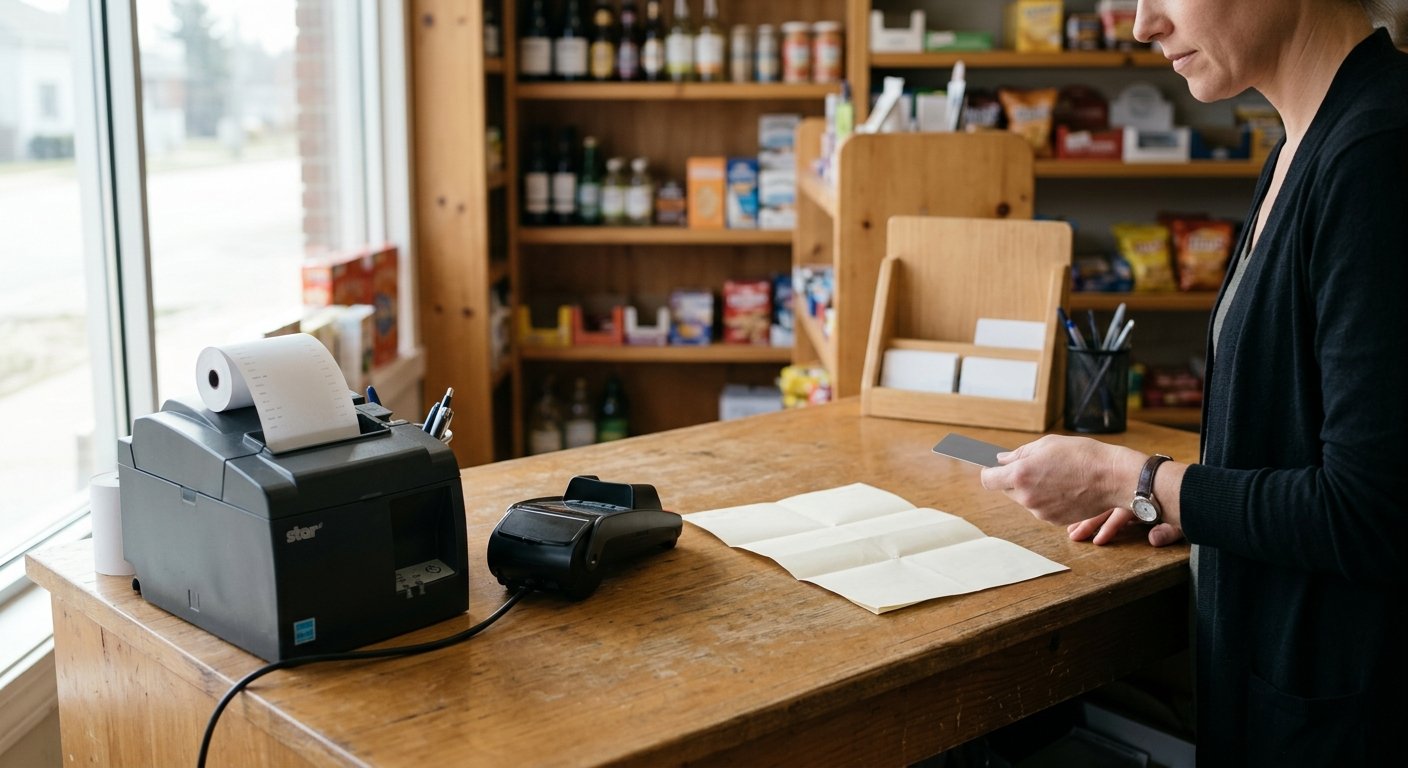 A store counter with a receipt printer, a face-down payment terminal, and a folded paper statement in morning light.