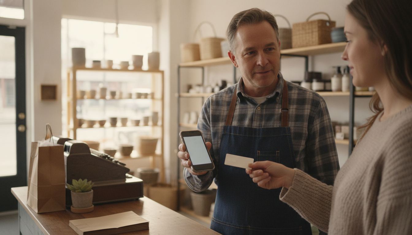 A merchant holding an iPhone out for a customer to tap a contactless card