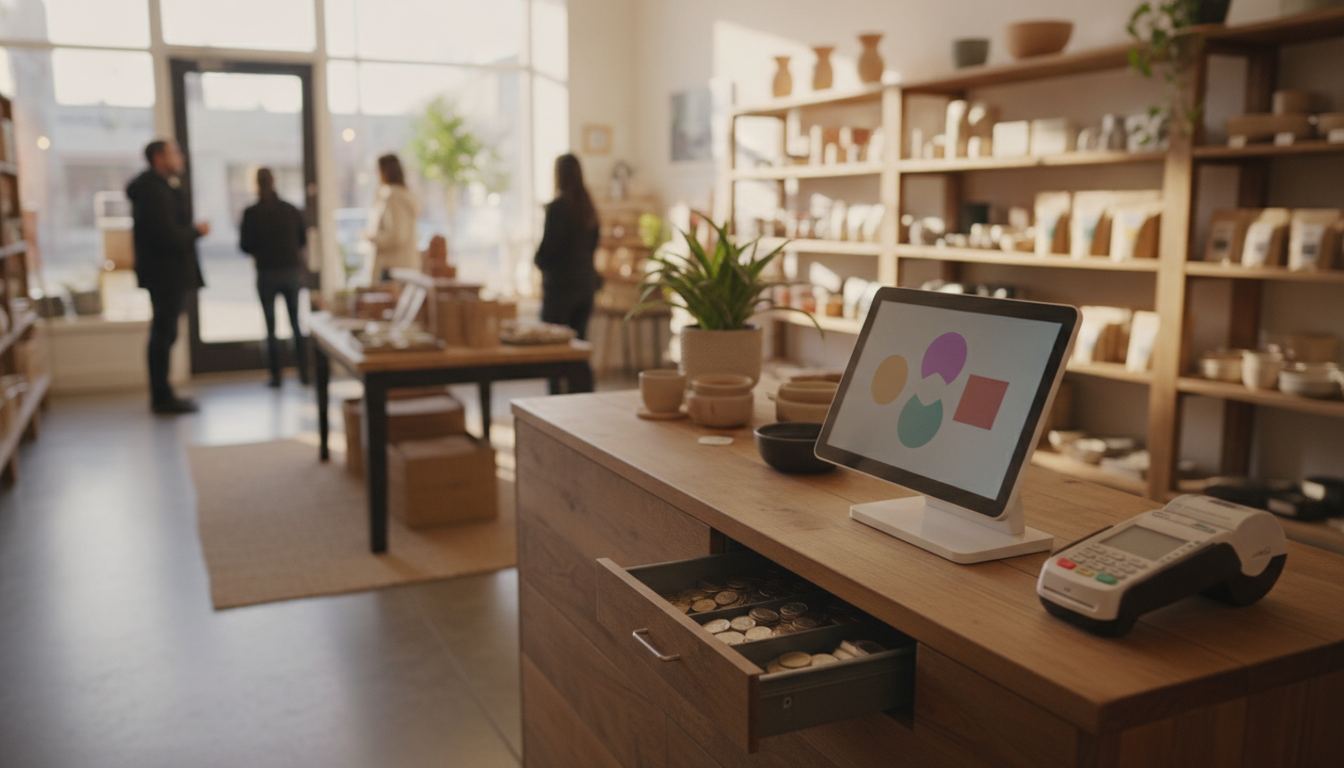 Small retail counter with a touchscreen register, cash drawer, and card terminal