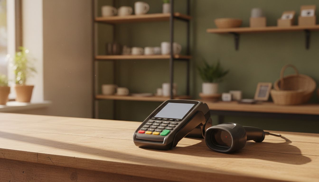 A small grocer holding a handheld card terminal while standing in an aisle checking stock