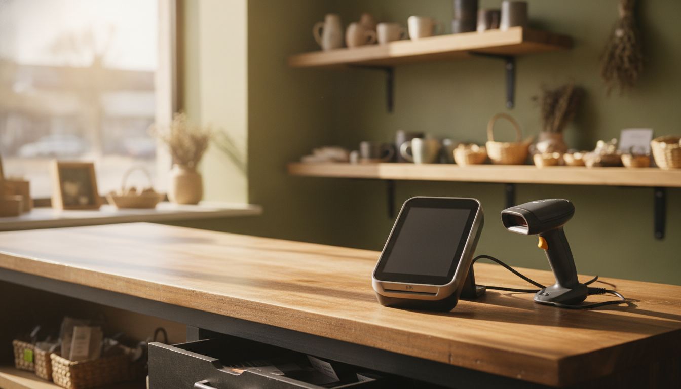 A store owner scanning shelf stock with a handheld device in the aisle of a small grocery