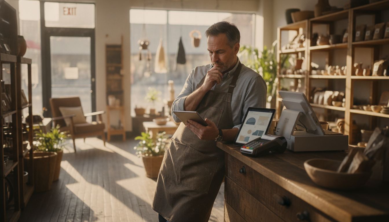 A convenience store owner comparing a terminal quote against a paper invoice at the register