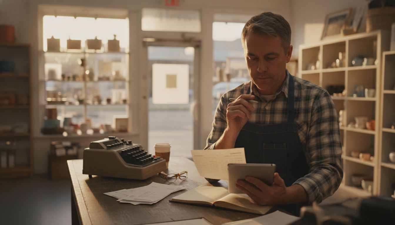 A bodega owner at the end of the day comparing paperwork on the counter beside a card reader