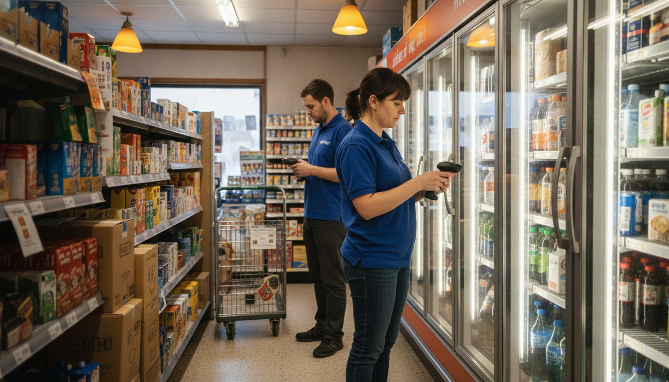 Two workers with handheld scanners counting stock along the cooler wall of a convenience store