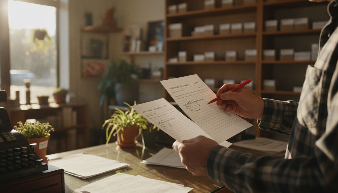 A store owner circling a monthly software line and a separate processing monthly on two invoices