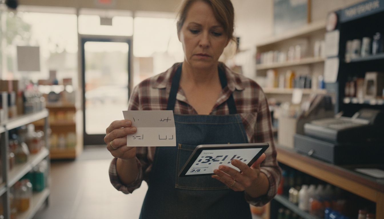 A retailer comparing a two-price shelf tag with a Square surcharge setting on a tablet