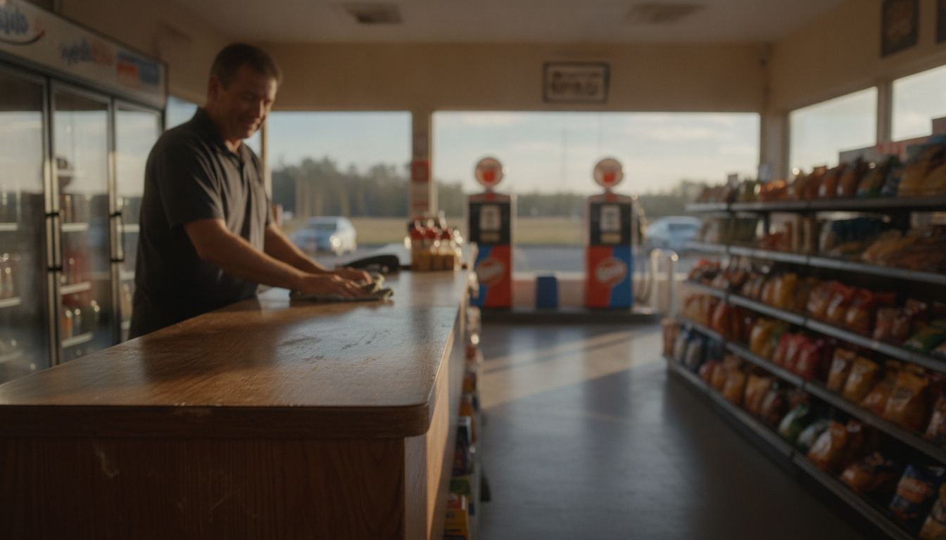 Gas station c-store counter with pumps visible through the window