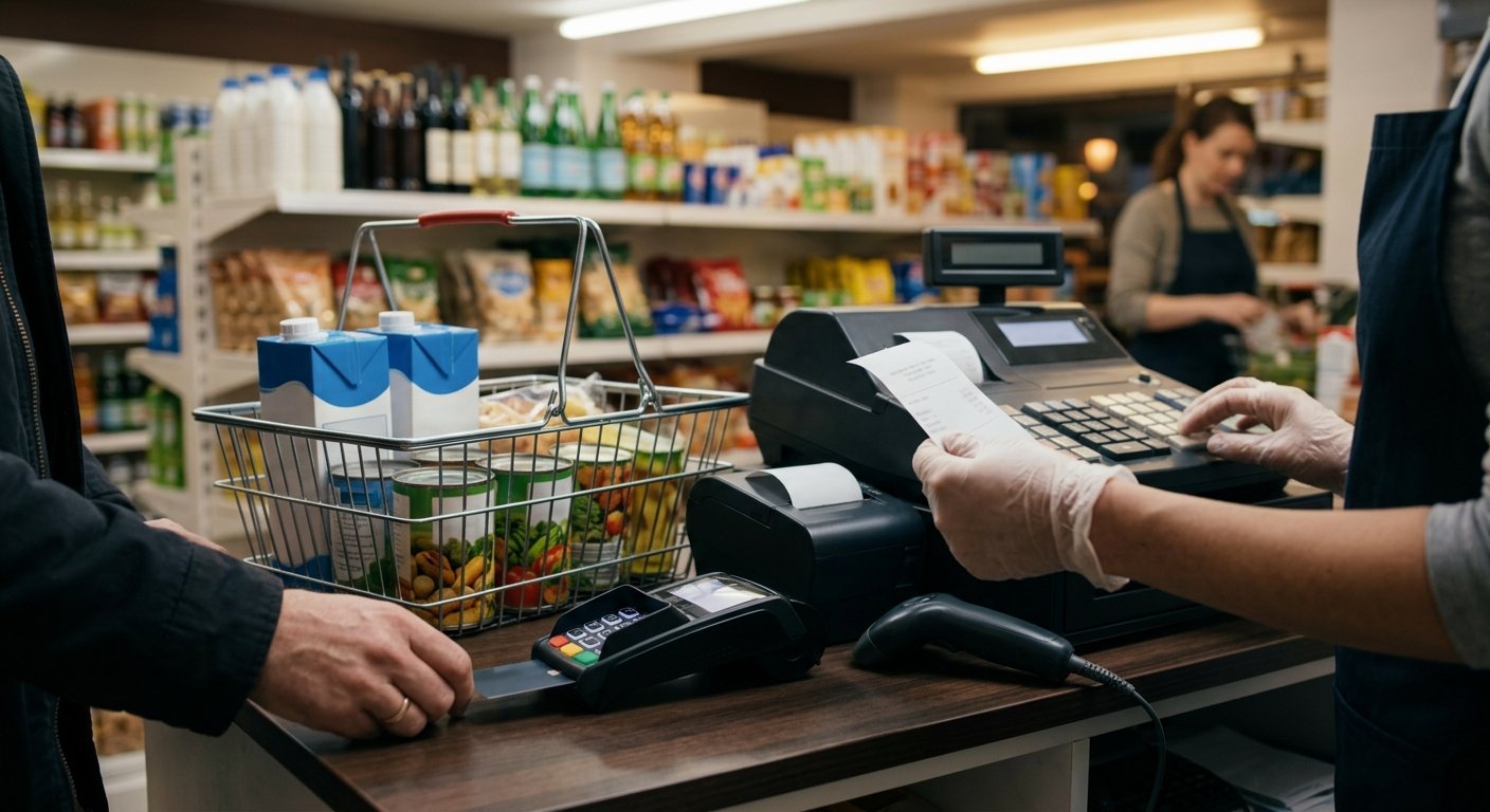 A PIN pad sits beside a grocery register with a mixed basket of milk and canned vegetables at the counter.
