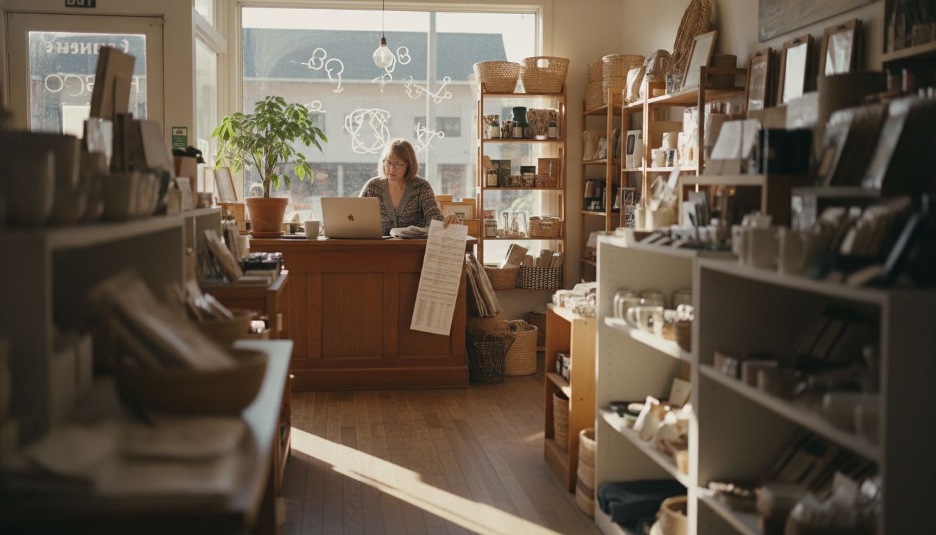 Store owner at a back-office desk with a laptop and a printed item list