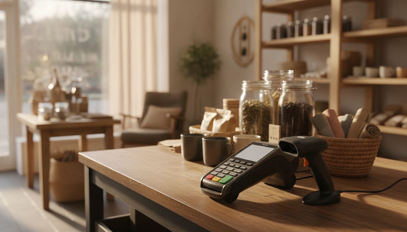 A shop owner reading a supplier agreement at the end of the counter with a terminal switched on beside him