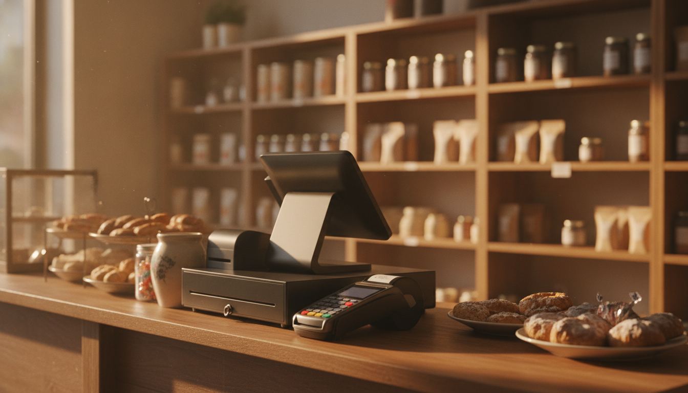 A shopkeeper placing a small printed price sign next to the card reader on a store counter