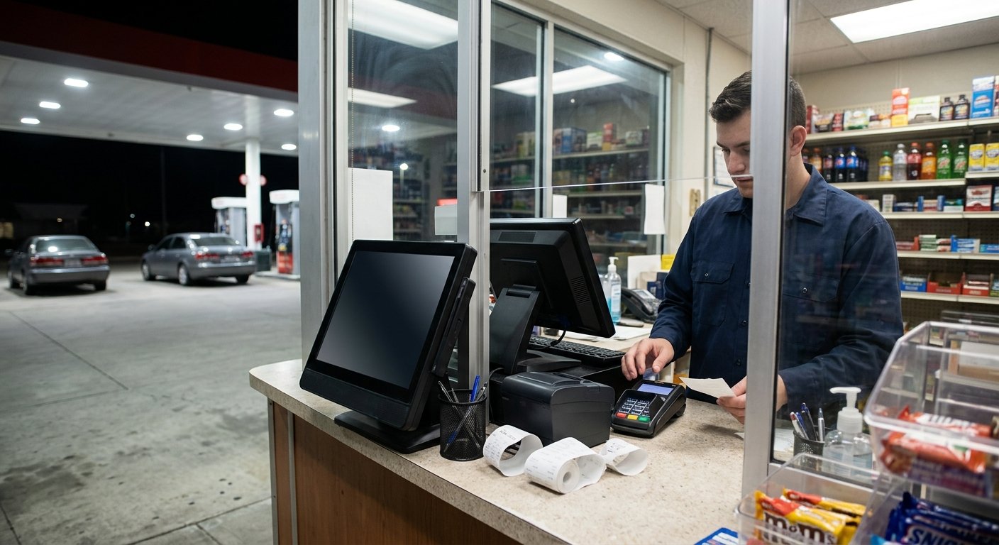 Independent gas station cashier booth at night with a register on the counter and canopy lights through the glass.