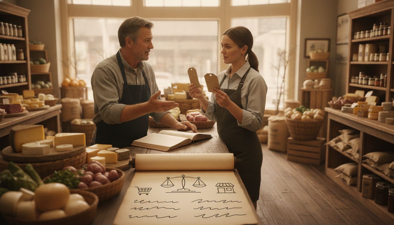 A grocer and a processor quote comparing supermarket and retail program labels on a merchant agreement