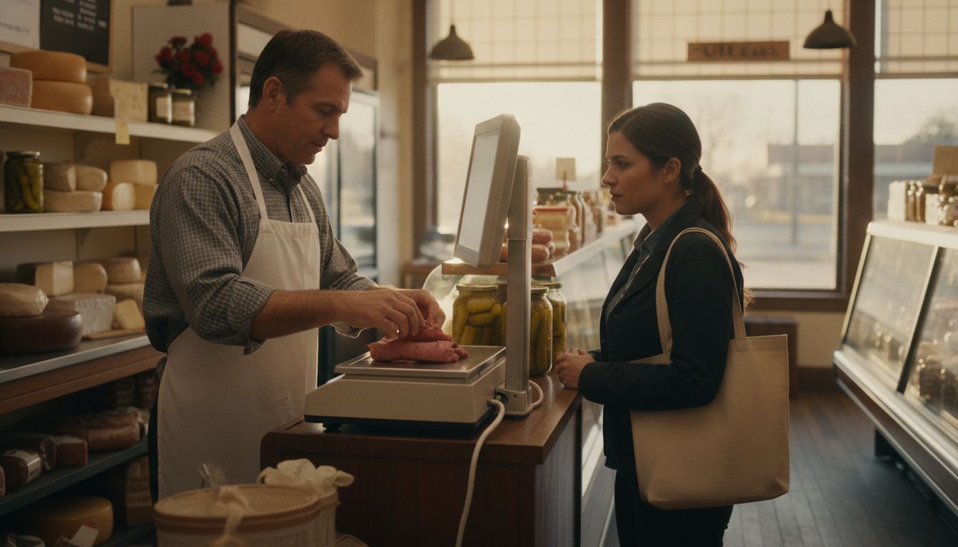 A deli clerk weighing sliced meat on a POS-connected scale while a customer watches the display