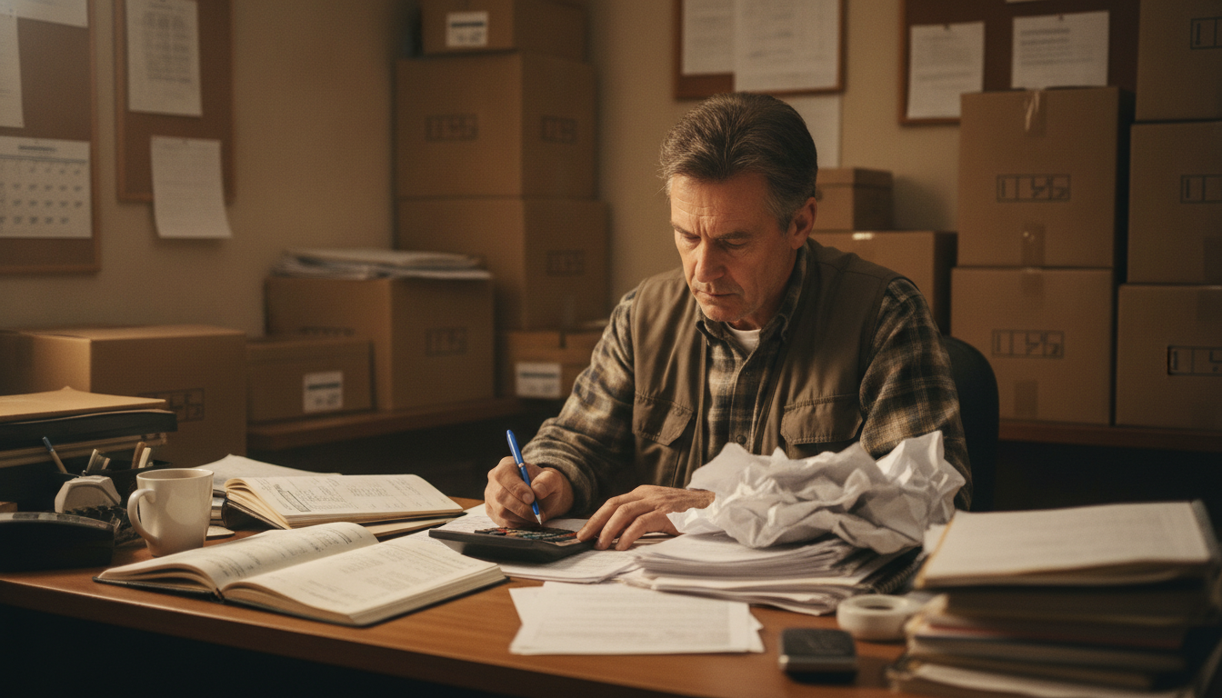 A store owner at a back office desk working through quotes with a calculator