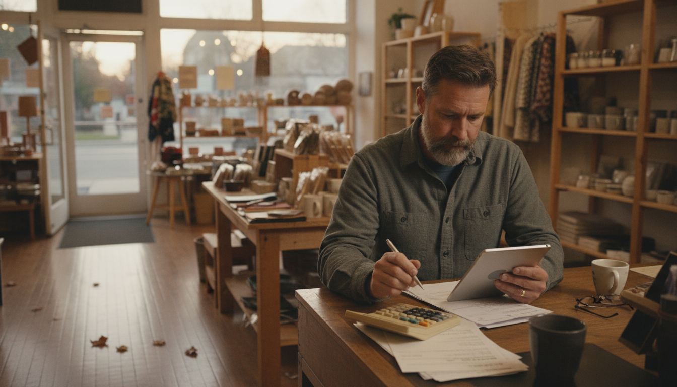 A store owner comparing a printed statement against a bank deposit on a back room desk