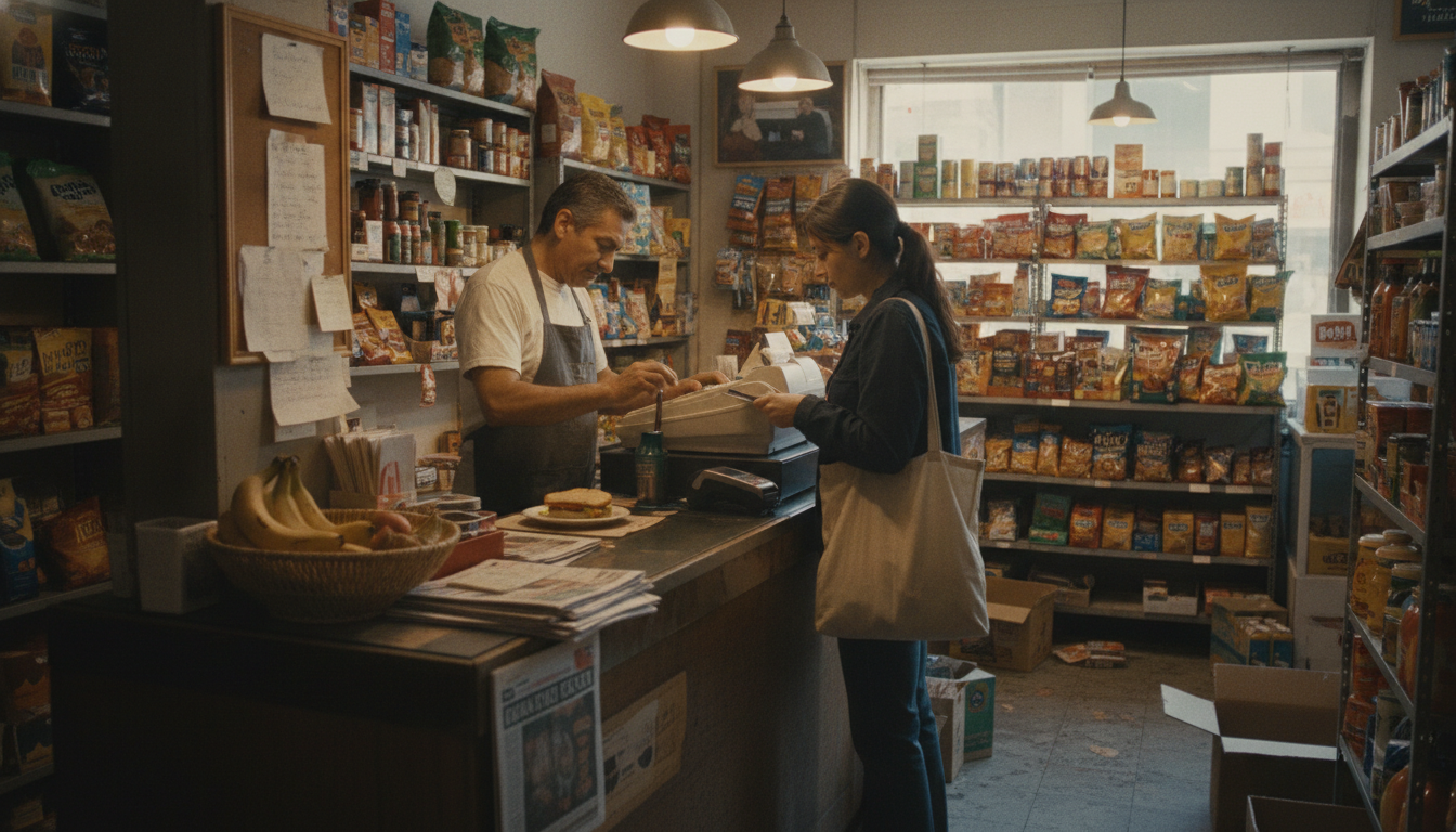A bodega owner ringing up a customer at a small counter with a card reader beside the register