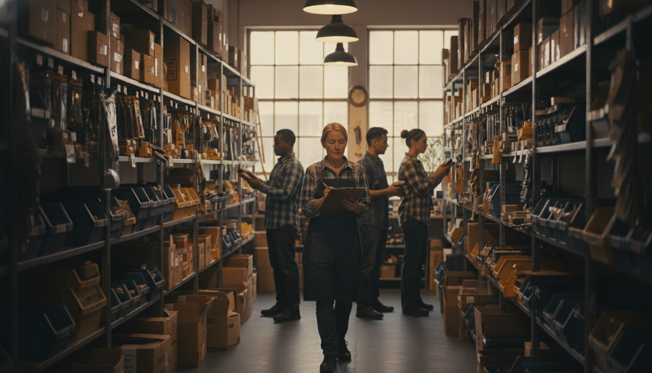 A shop owner walking the aisles with a clipboard while a counting team scans shelves