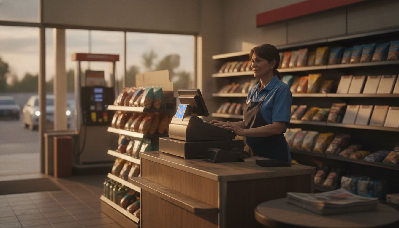 A gas station cashier at the inside register with pumps visible through the window