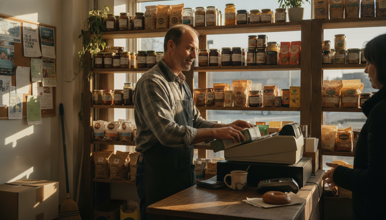 A store owner standing at his register mid morning with shelves of packaged goods behind him
