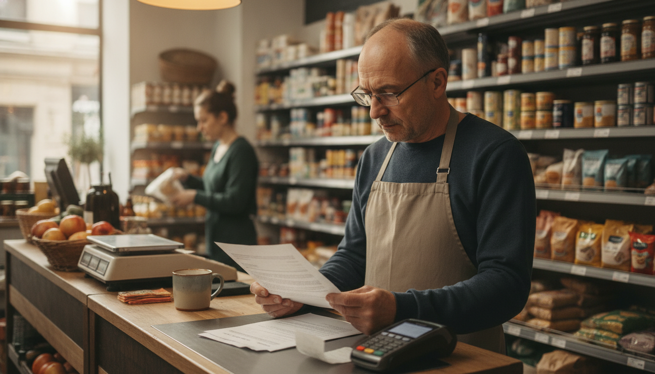 A small grocer reading a merchant agreement at the counter with a card terminal beside him