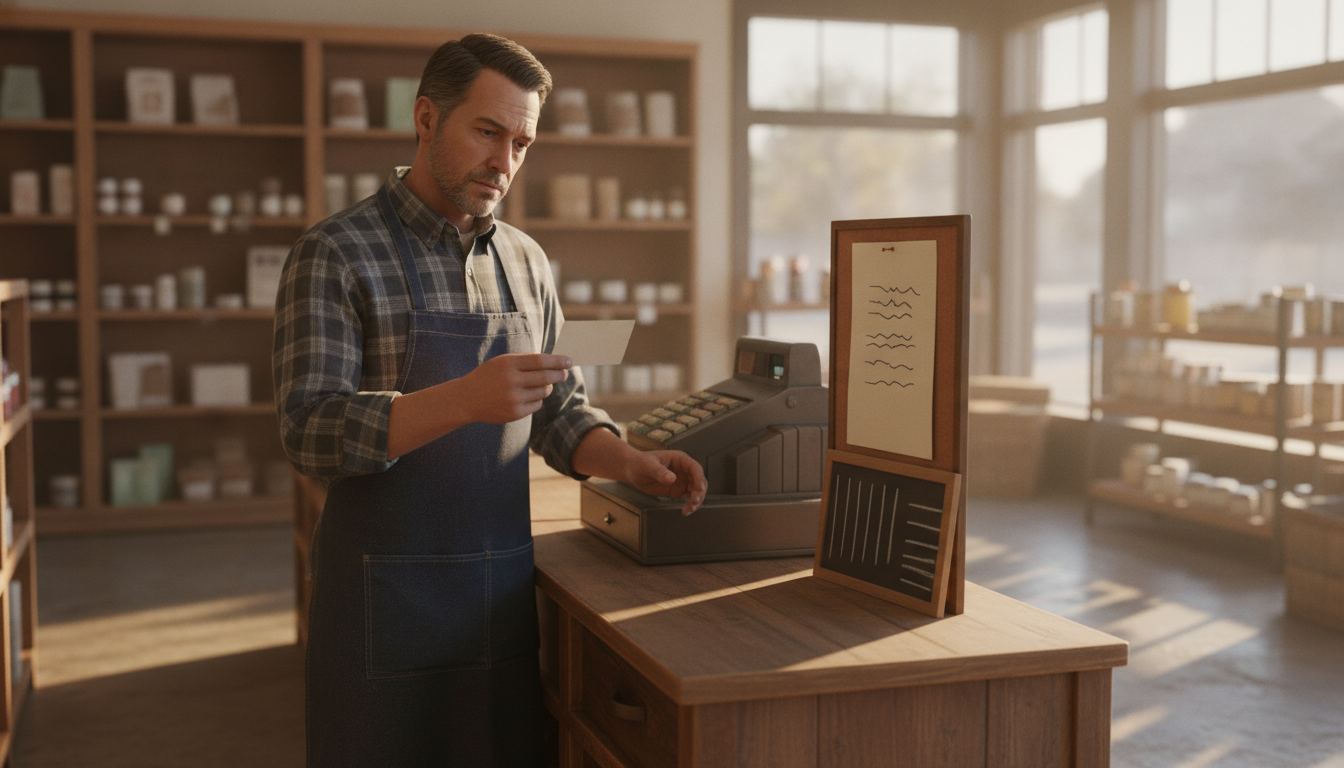 A store owner reading a card-network surcharge notice beside a register and posted prices