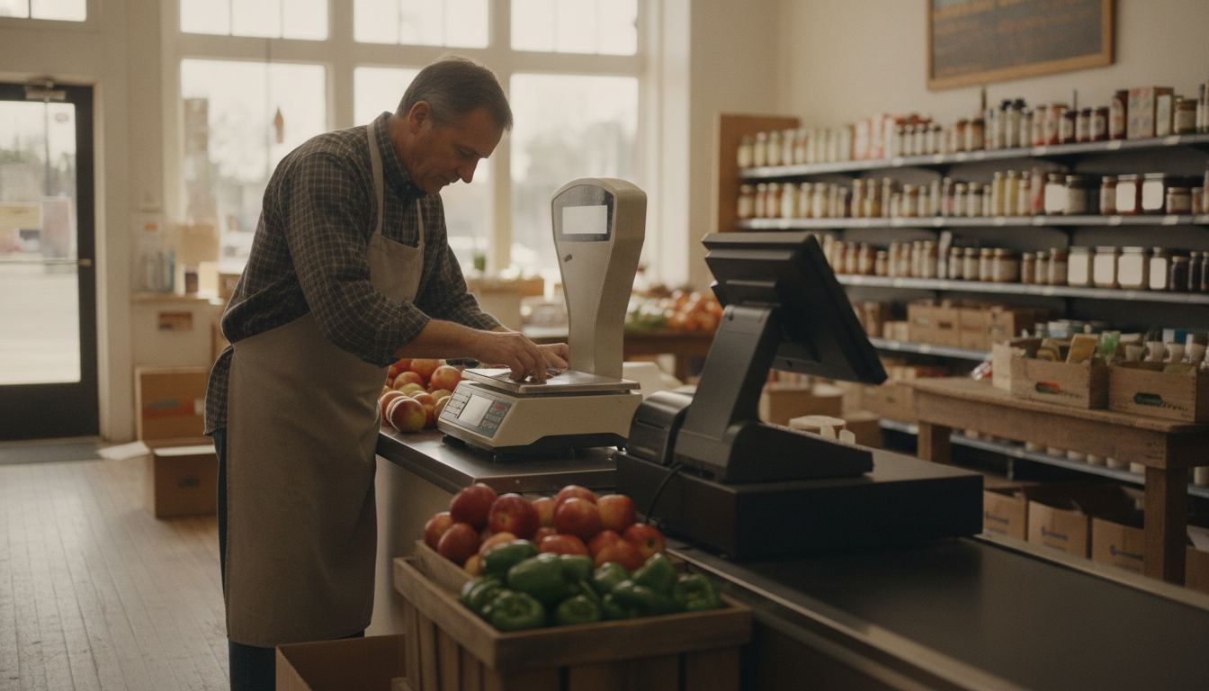 A grocer checking a produce scale next to a grocery POS lane