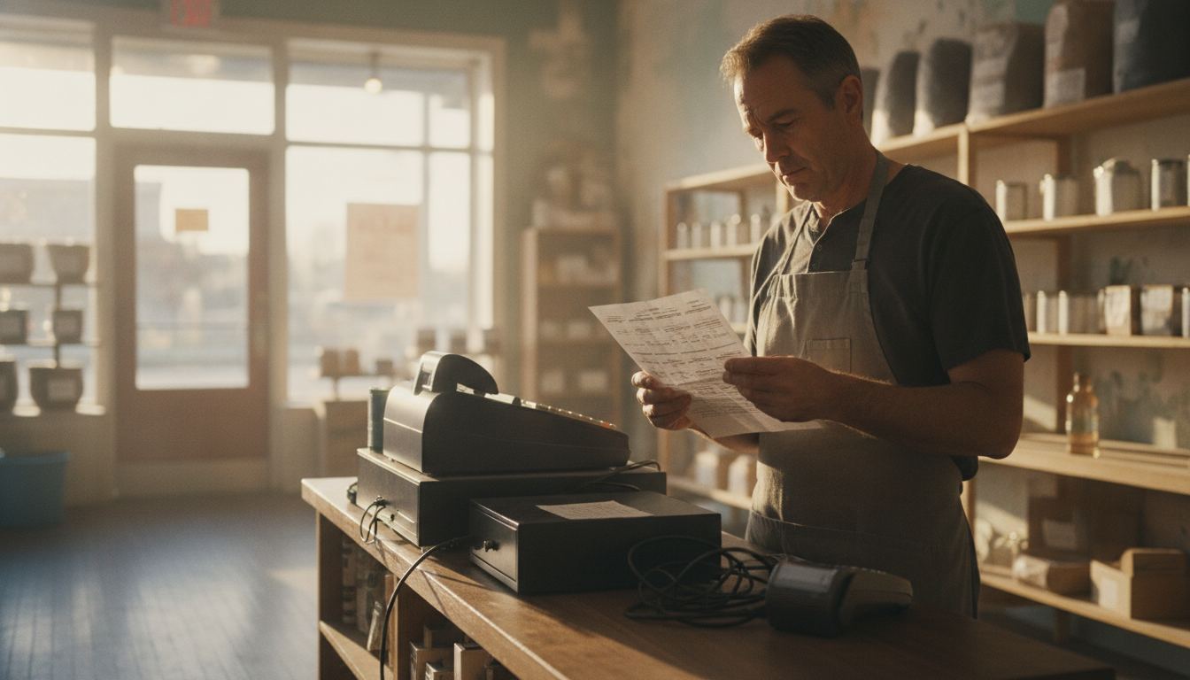 A store owner reading a card-processing schedule next to an NRS-style counter register