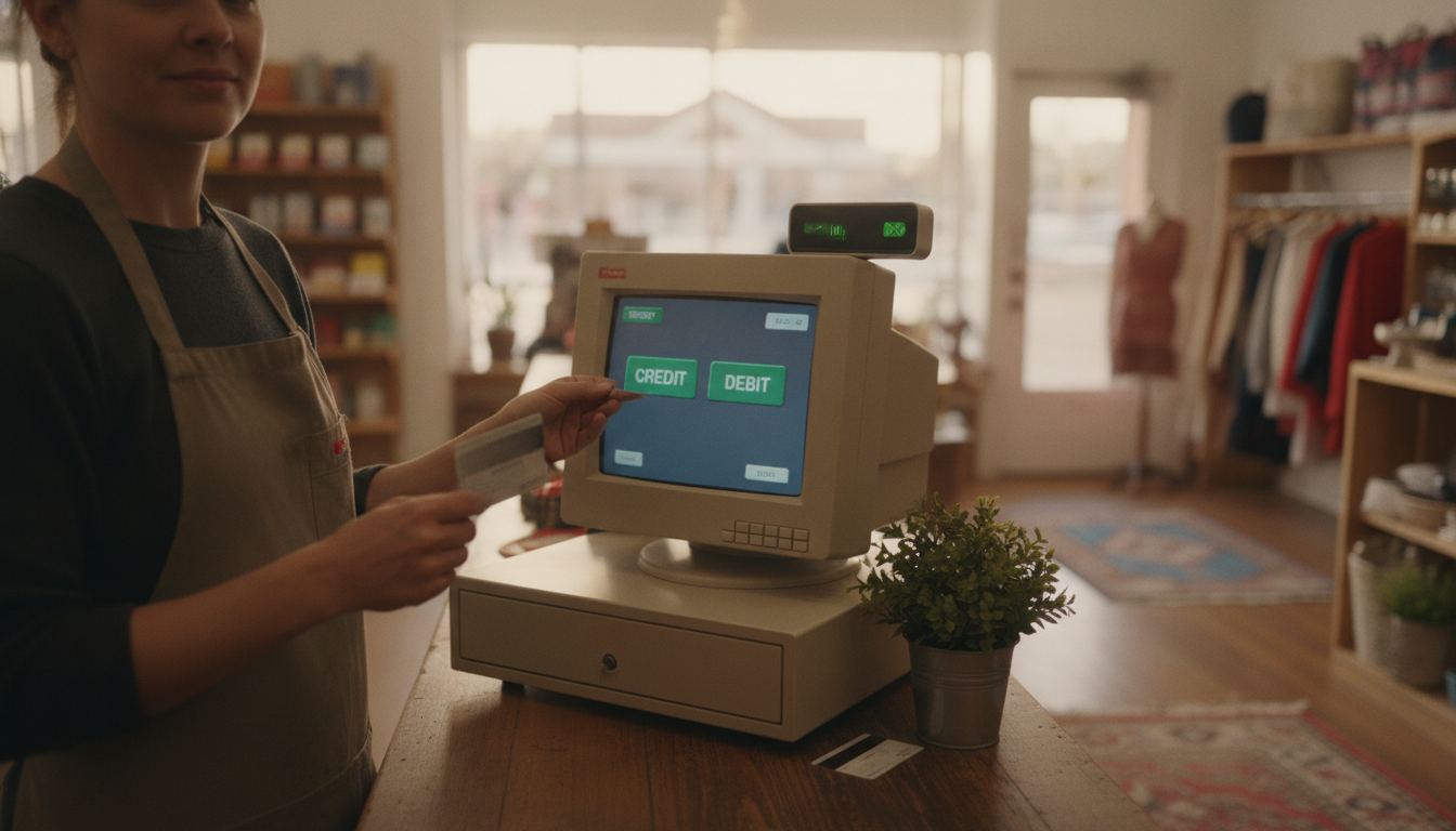 A cashier holding a debit card beside a register that shows credit and debit as separate tenders