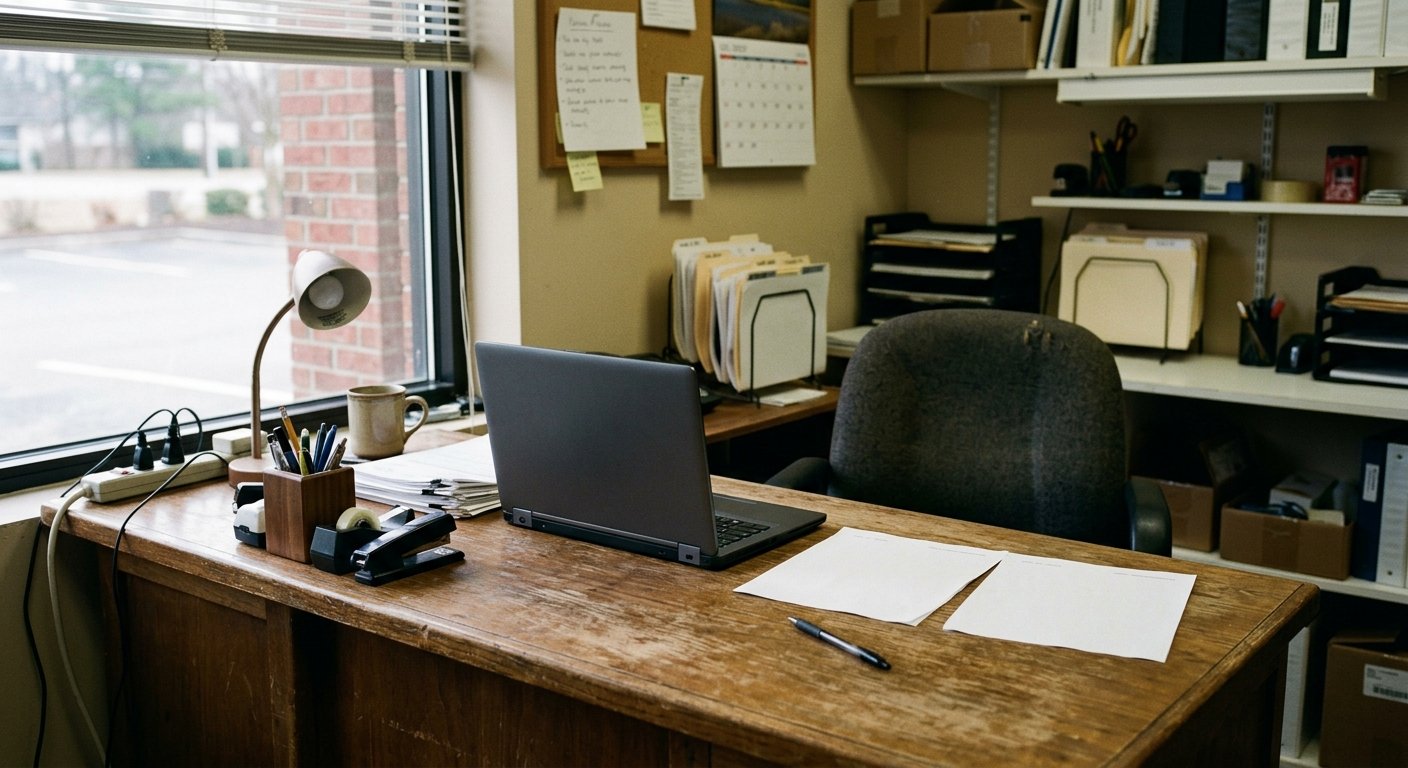 Two printed statements sit face-down on a small-store back office desk beside a closed laptop and a pen.