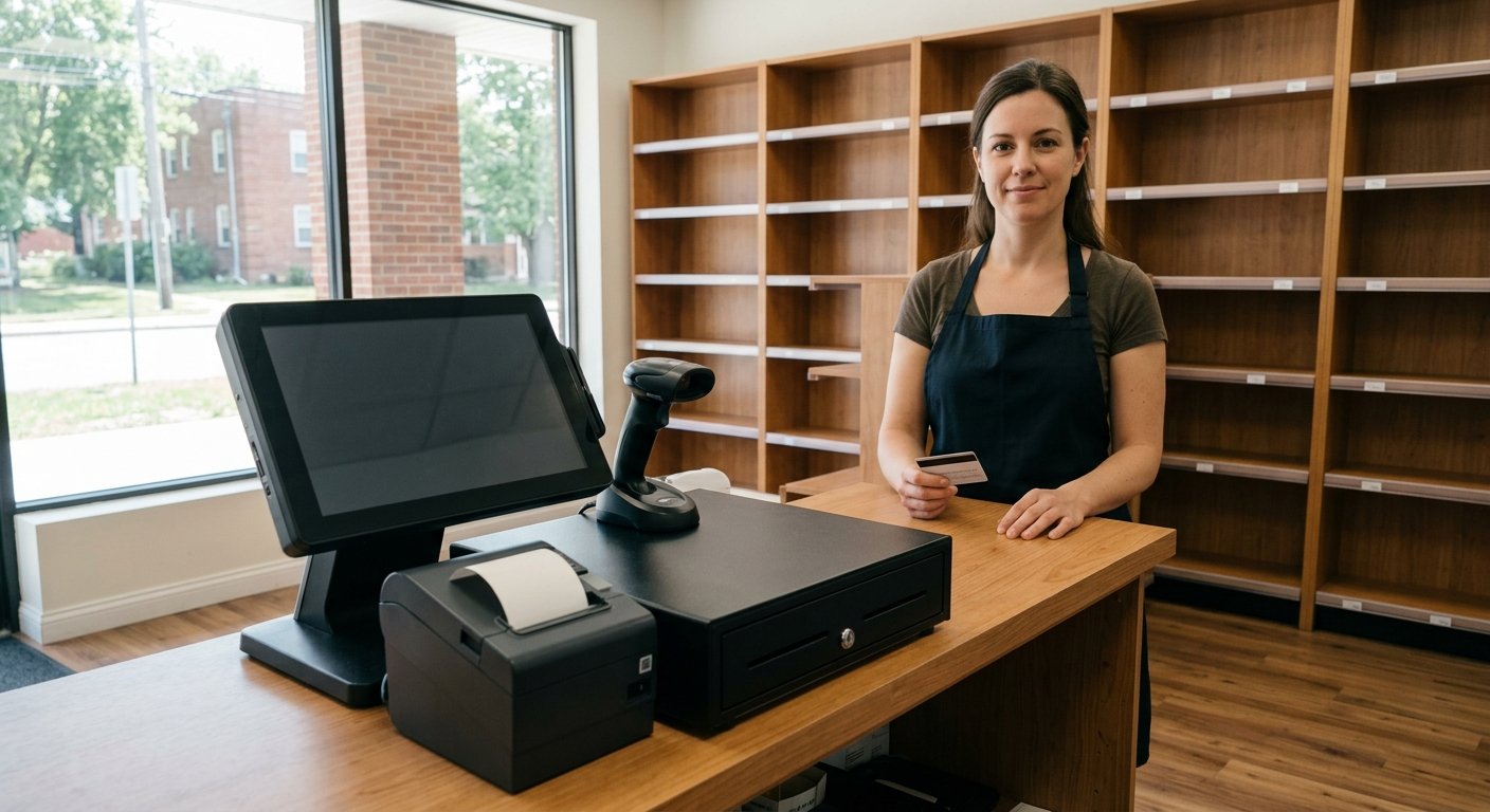 A newly built independent store counter with a register, barcode scanner, receipt printer, and closed cash drawer in place.
