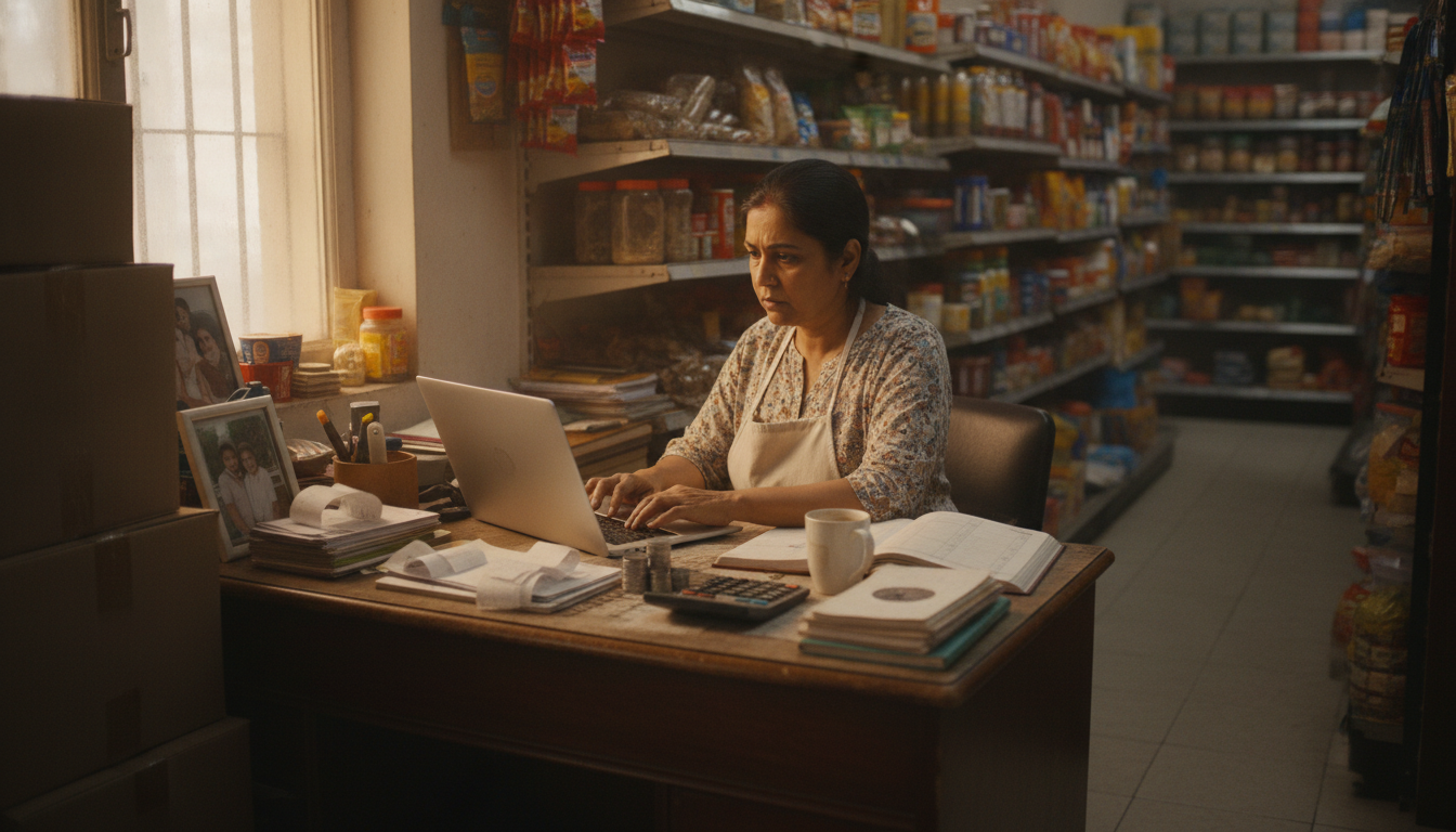 A small grocery owner reconciling deposits on a laptop at a cluttered back office desk