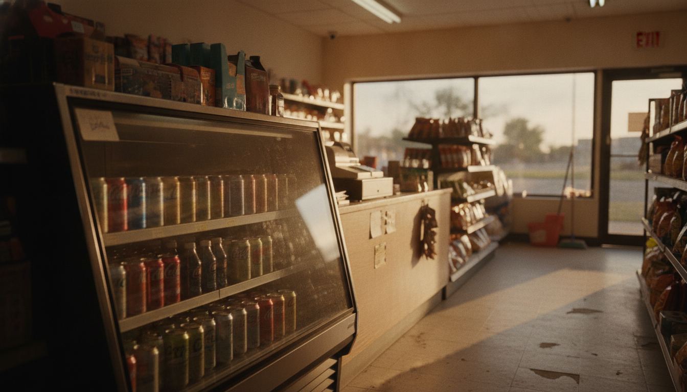 Convenience store cooler with soda and a register in the foreground