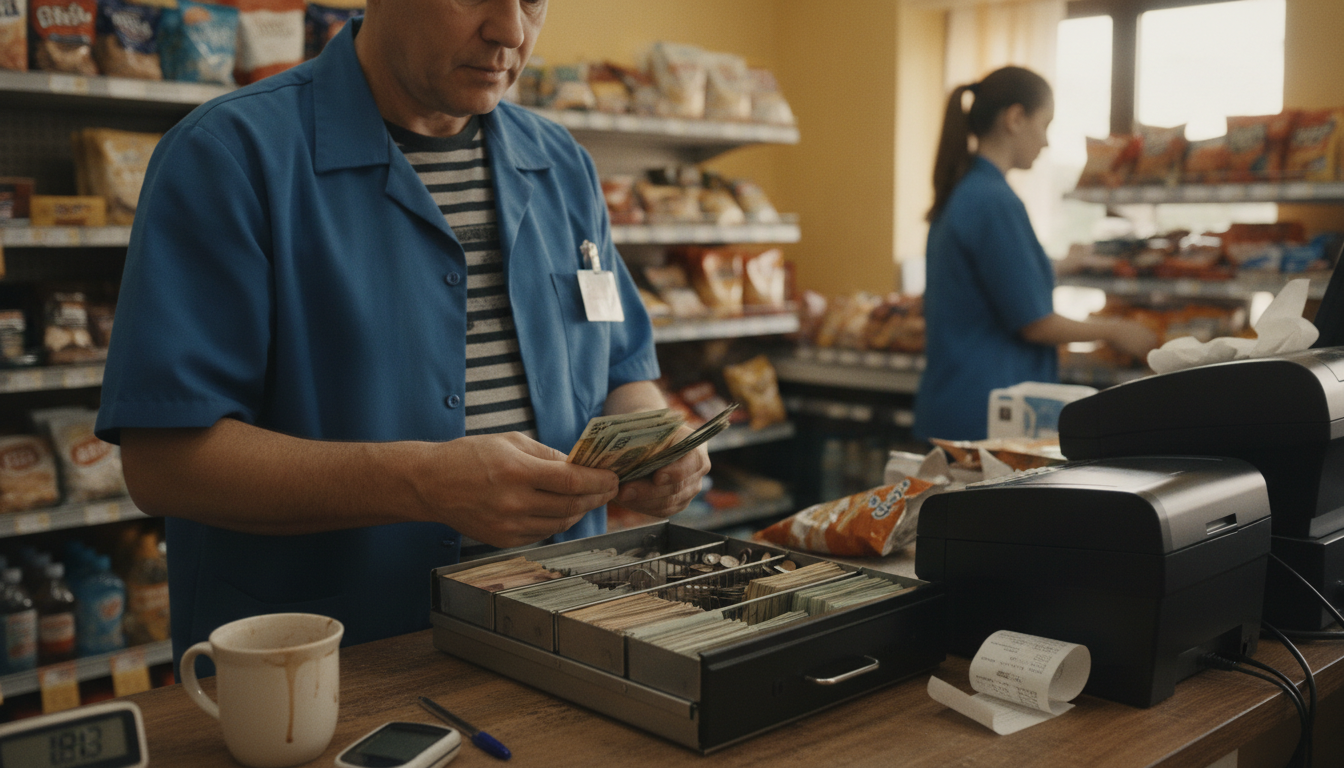 A convenience store clerk counting bills into an open cash drawer beside a receipt printer at the counter