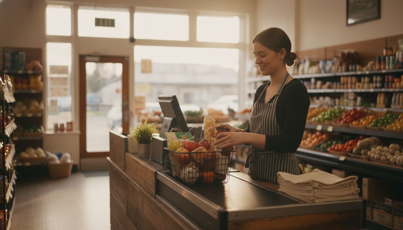 Cashier scanning groceries at an organized checkout counter
