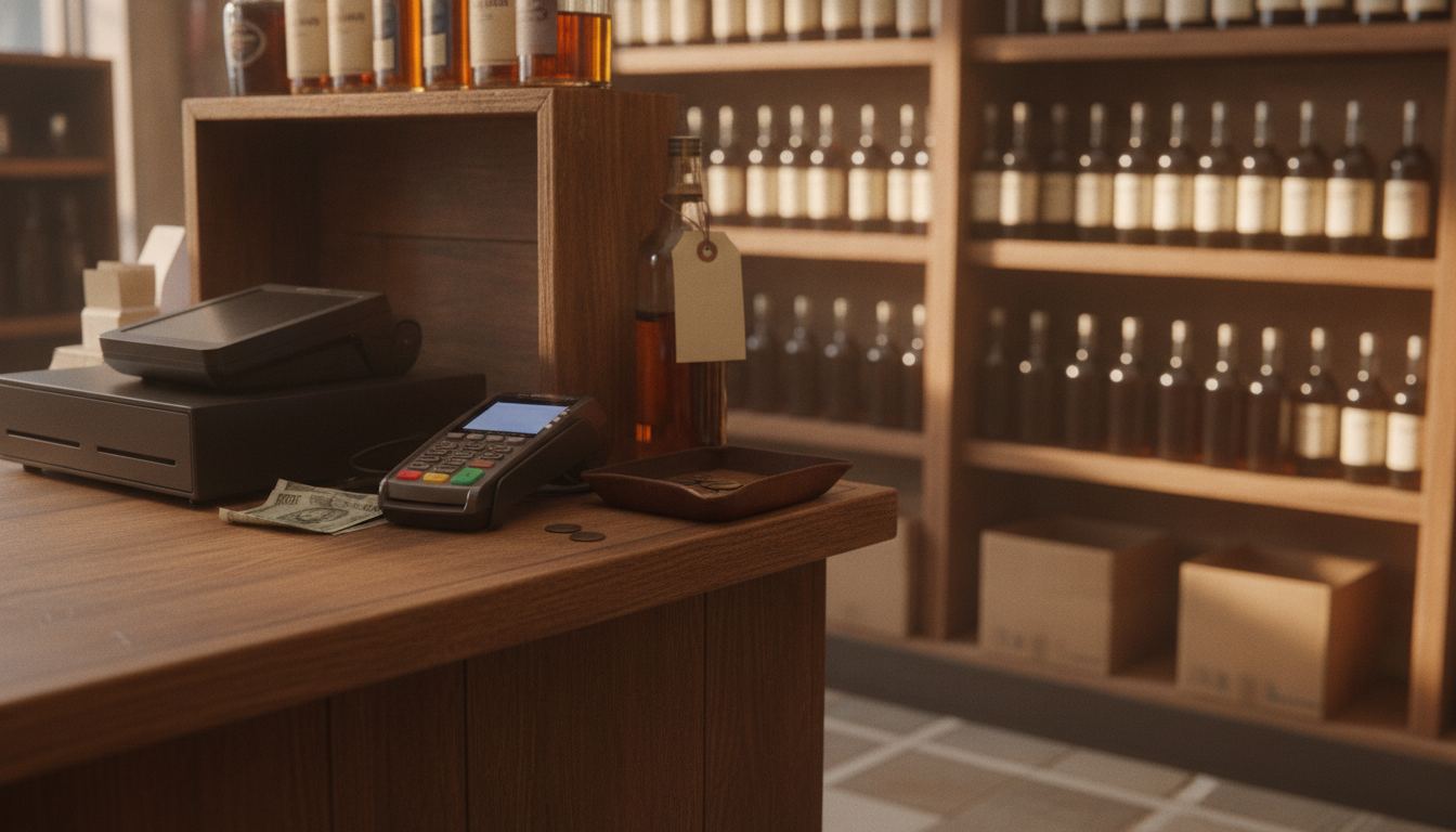 Payment terminal and checkout counter inside a liquor store