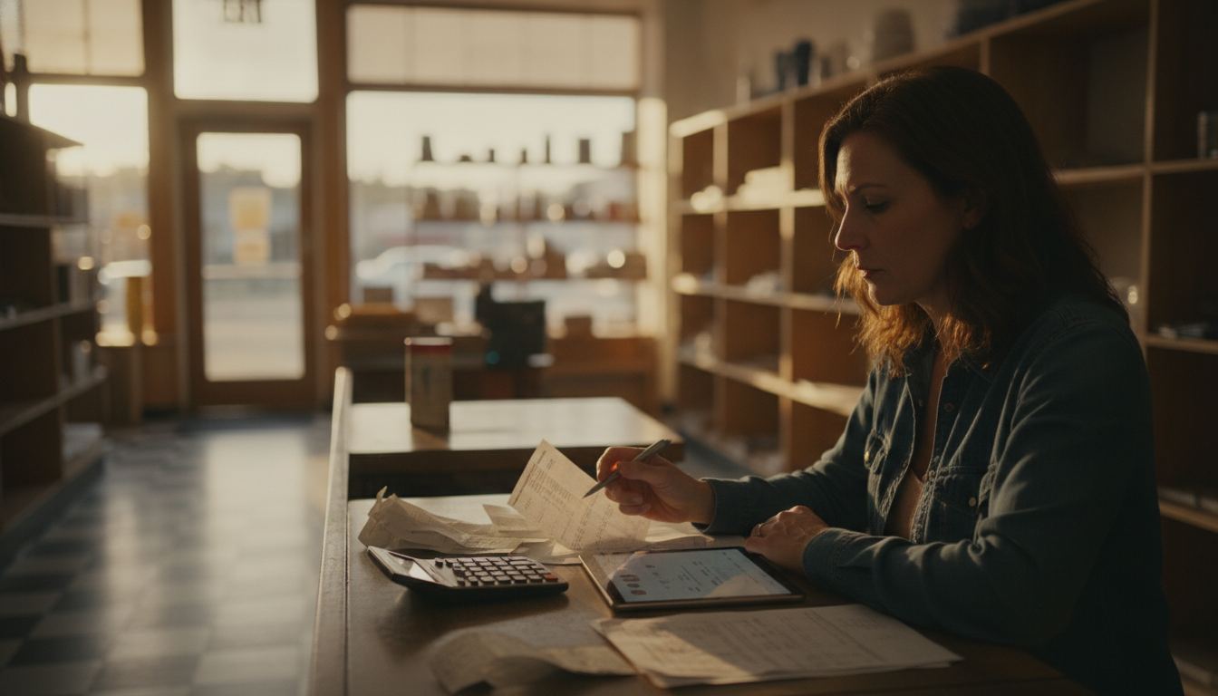 A store owner reading merchant rules on a laptop at the back counter of a small shop