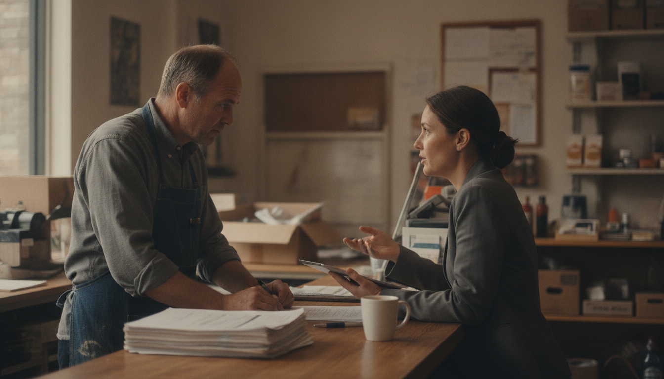 A store owner listening to a sales visitor at the counter with paperwork spread between them