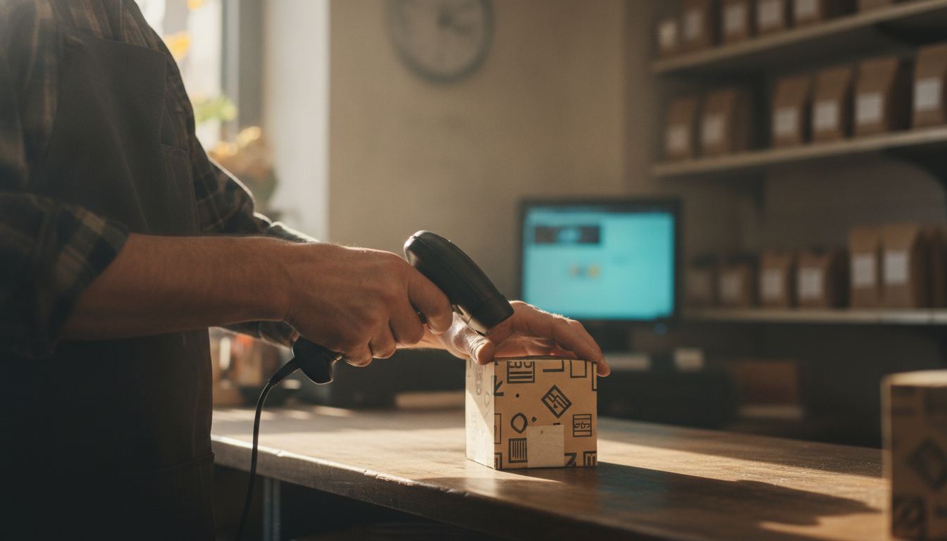 A convenience store owner behind the counter checking a register screen beside a cigarette rack
