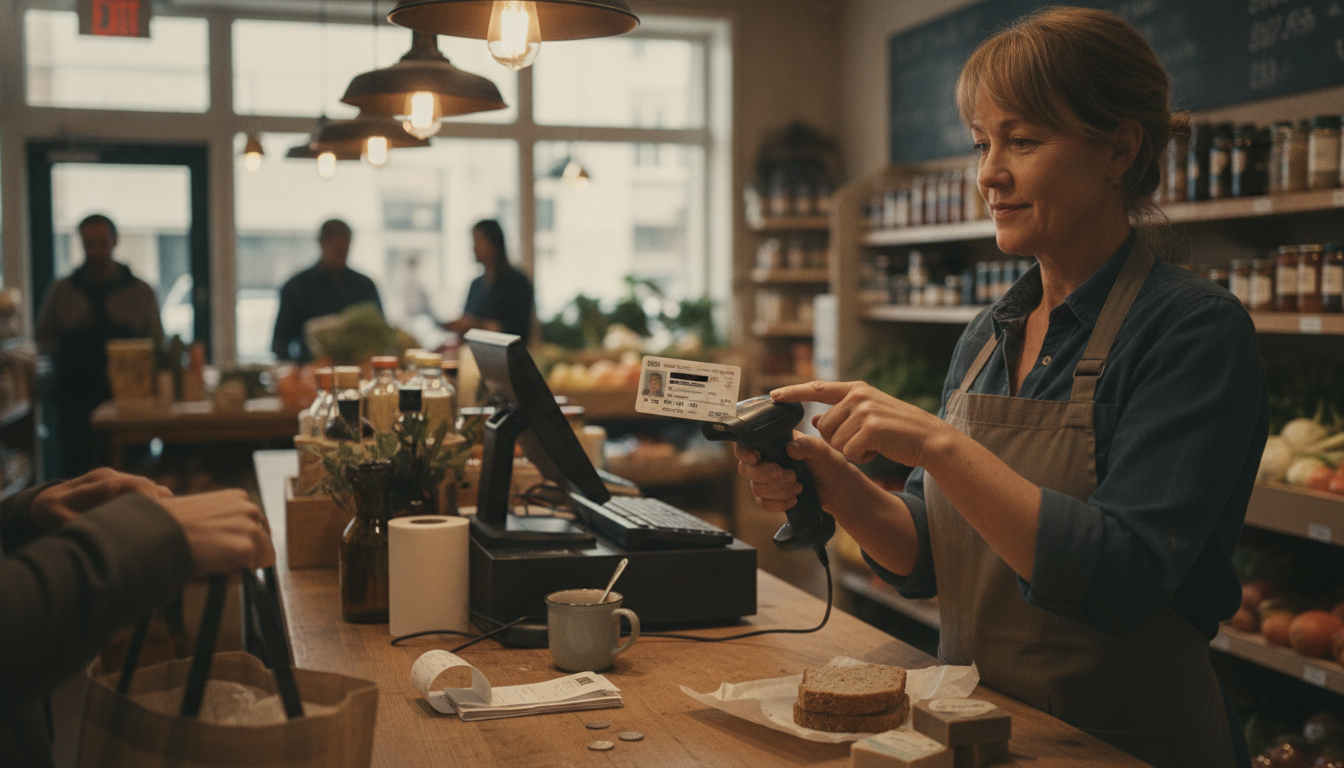 A cashier scanning a driver licence at a store counter