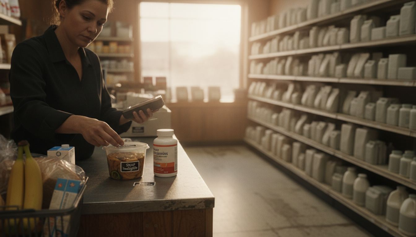 A cashier tagging hot soup and vitamins as SNAP-ineligible next to staple groceries