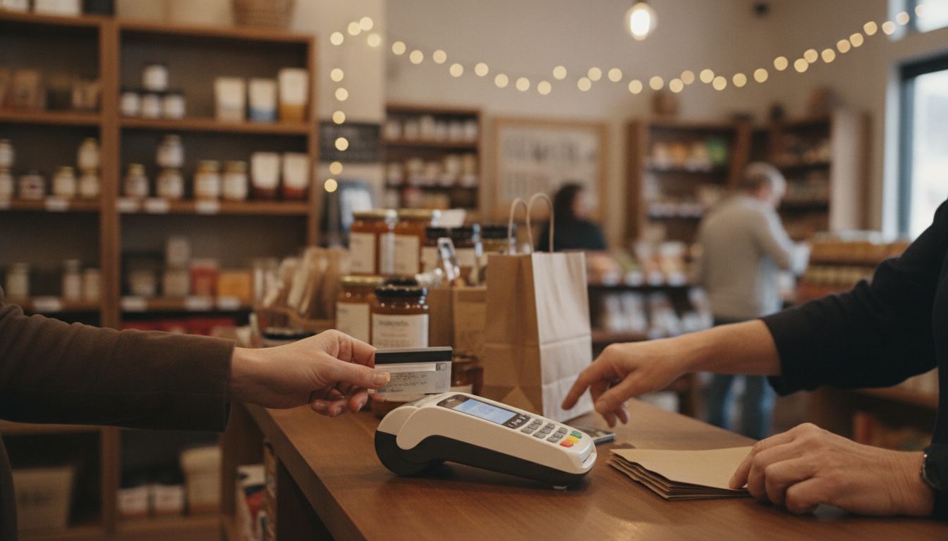 Customer tapping a card on a reader at a corner store counter