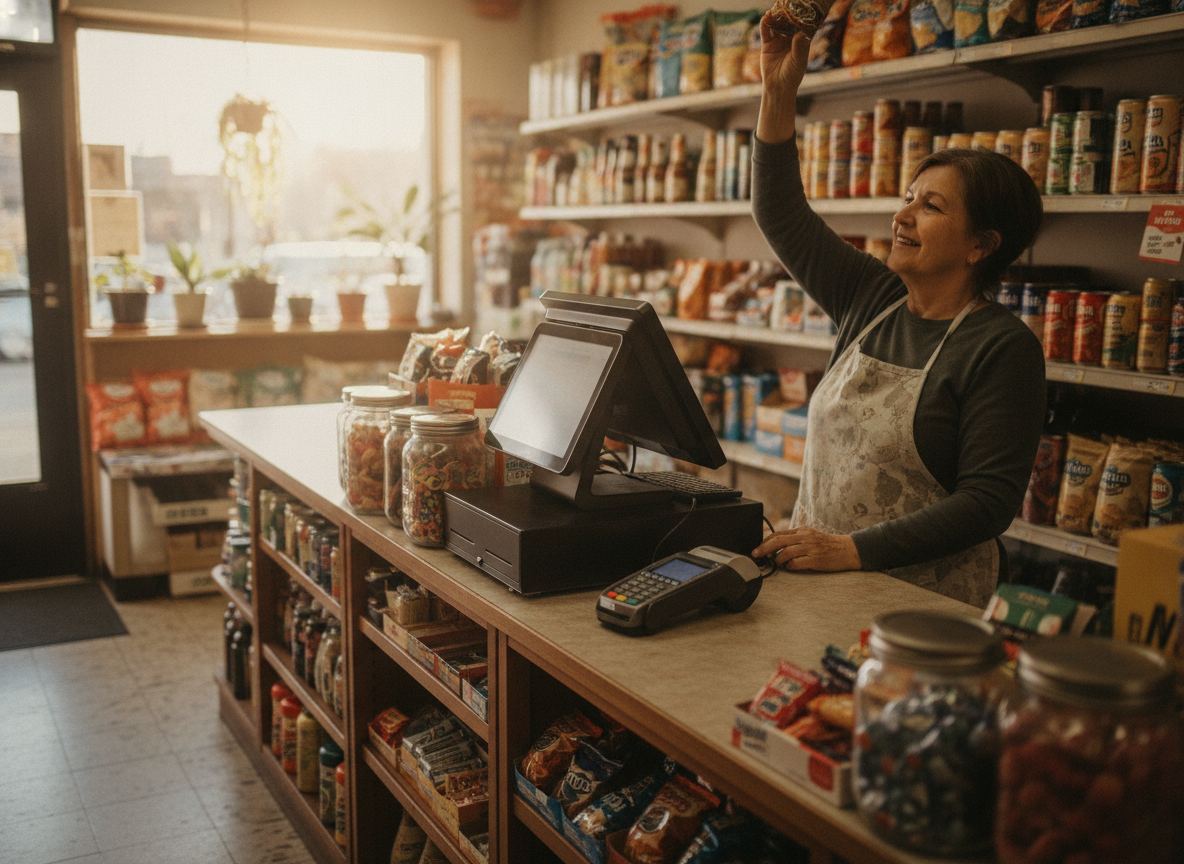 Corner store counter with a modern register and card reader